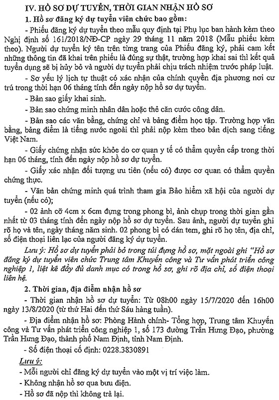 Trung tâm Khuyến công và Tư vấn phát triển công nghiệp I Nam Định tuyển dụng viên chức năm 2020