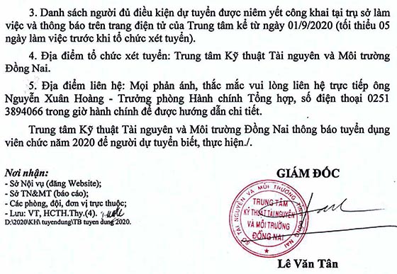 Trung tâm Kỹ thuật Tài nguyên và Môi trường Đồng Nai tuyển dụng viên chức năm 2020