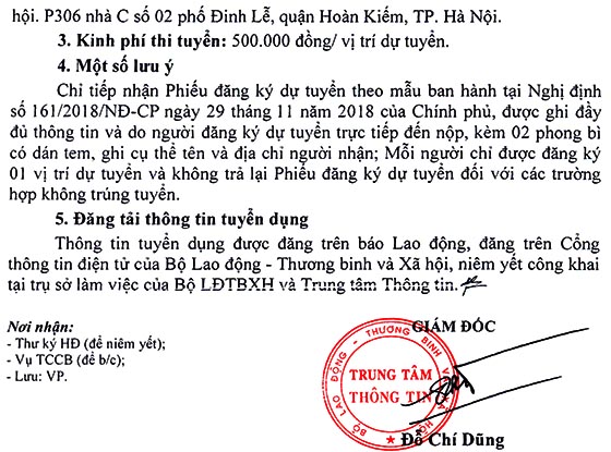 Trung tâm Thông tin, Bộ Lao động – Thương binh và Xã hội tuyển dụng viên chức năm 2020