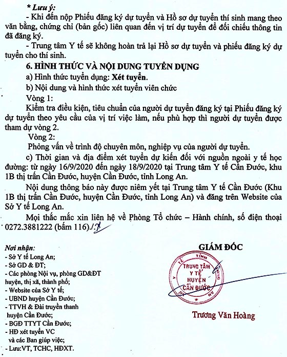 Trung tâm y tế huyện Cần Đước, Long An tuyển dụng nguồn ngoài Y tế học đường năm 2020