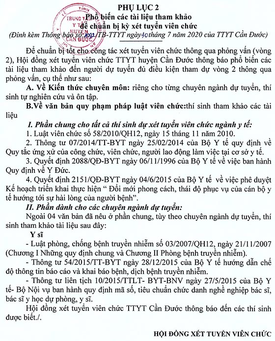 Trung tâm y tế huyện Cần Đước, Long An tuyển dụng nguồn ngoài Y tế học đường năm 2020