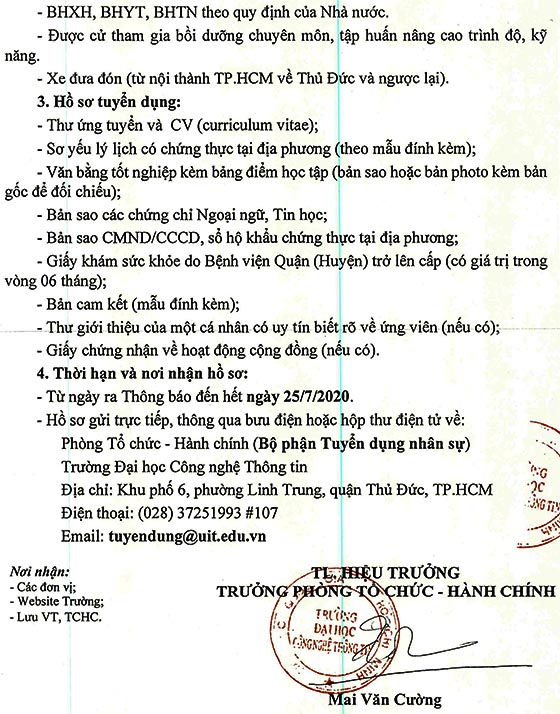 Trường Đại học Công nghệ Thông tin - Đại học Quốc gia TP.HCM tuyển dụng nhân sự năm 2020