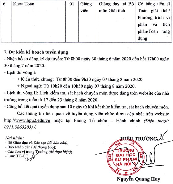 Trường Đại học Sư phạm Hà Nội 2 tuyển dụng viên chức năm 2020