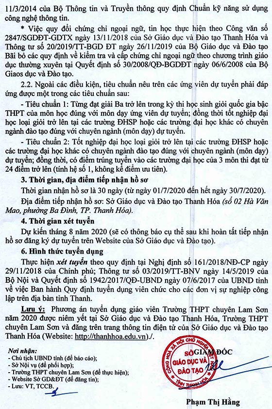 Trường THPT chuyên Lam Sơn, Thanh Hóa thông báo tuyển dụng giáo viên năm 2020