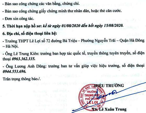 Trường THPT Lê Lợi quận Hà Đông, TP.Hà Nội tuyển dụng giáo viên năm 2020-2021
