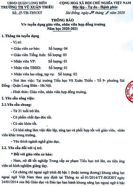 Trường Tiểu học Vũ Xuân Thiều quận Long Biên, TP.Hà Nội tuyển dụng nhân sự năm 2020