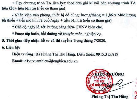 Trường Tiểu học Vũ Xuân Thiều quận Long Biên, TP.Hà Nội tuyển dụng nhân sự năm 2020
