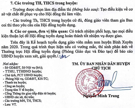 UBND huyện Bình Xuyên, Vĩnh Phúc tuyển dụng giáo viên mầm non năm 2020