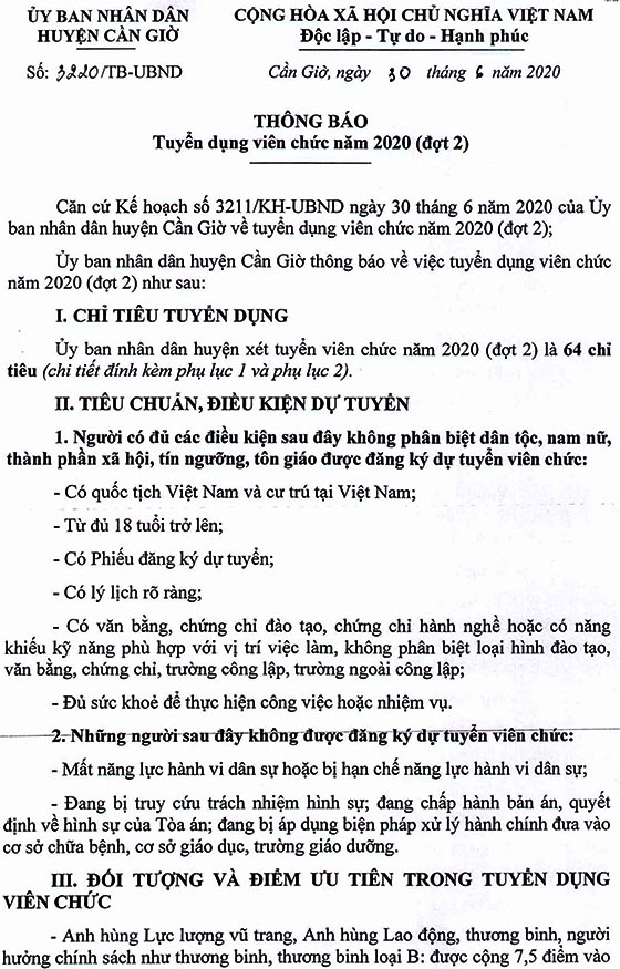 UBND huyện Cần Giờ, TP.HCM tuyển dụng viên chức năm 2020 (đợt 2)