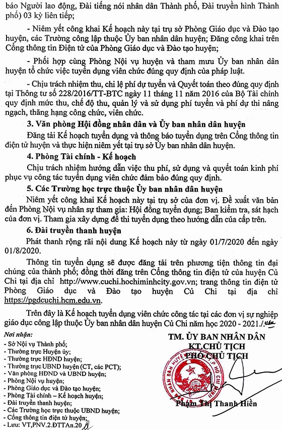 UBND huyện Củ Chi, TP.HCM tuyển dụng viên chức giáo dục năm học 2020-2021