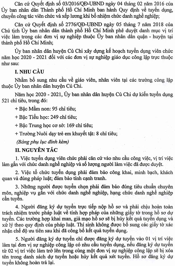 UBND huyện Củ Chi, TP.HCM tuyển dụng viên chức giáo dục năm học 2020-2021