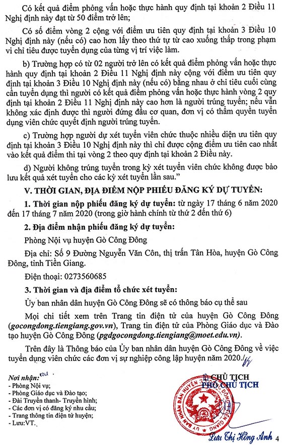 UBND huyện Gò Công Đông, Tiền Giang tuyển dụng viên chức năm 2020