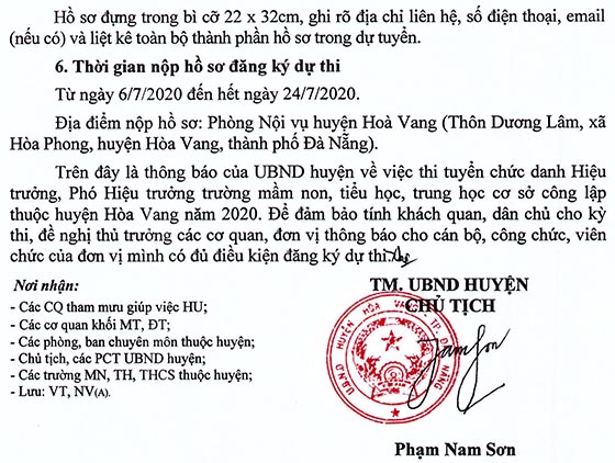 UBND huyện Hòa Vang, TP. Đà Nẵng thi tuyển chức danh Hiệu trưởng, Phó hiệu trưởng năm 2020