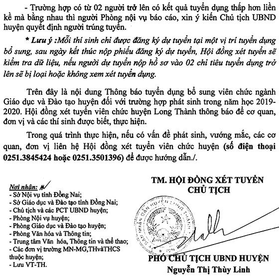 UBND huyện Long Thành, Đồng Nai tuyển dụng bổ sung viên chức năm học 2019-2020