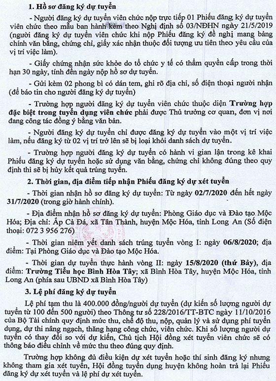 UBND huyện Mộc Hóa, Long An tuyển dụng giáo viên năm 2020