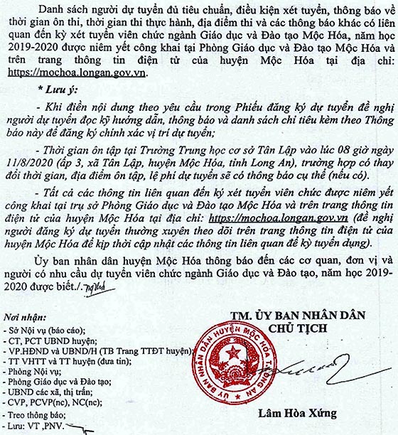 UBND huyện Mộc Hóa, Long An tuyển dụng giáo viên năm 2020