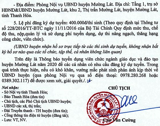 UBND huyện Mường Lát, Thanh Hóa tuyển dụng giáo viên năm 2020