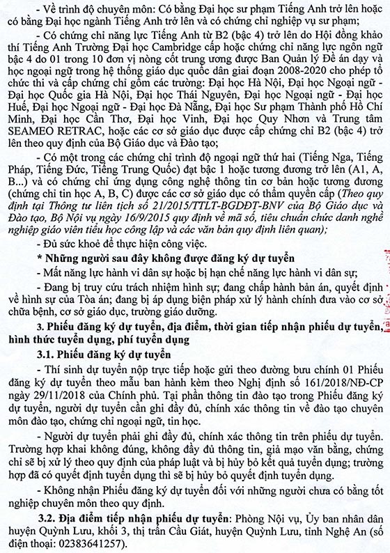 UBND huyện Quỳnh Lưu, Nghệ An tuyển dụng viên chức giáo dục năm 2020