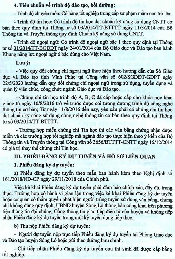 UBND huyện Sông Lô, Vĩnh Phúc tuyển dụng giáo viên mầm non năm 2020