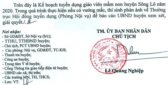 UBND huyện Sông Lô, Vĩnh Phúc tuyển dụng giáo viên mầm non năm 2020