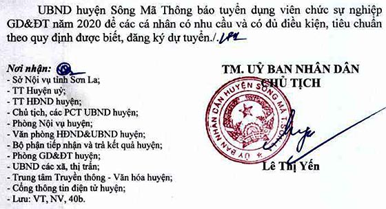 UBND huyện Sông Mã, Sơn La tuyển dụng viên chức giáo dục năm 2020