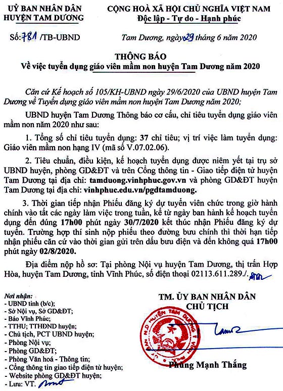 UBND huyện Tam Dương, Vĩnh Phúc tuyển dụng giáo viên mầm non năm 2020