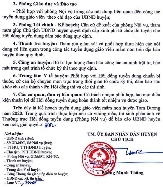 UBND huyện Tam Dương, Vĩnh Phúc tuyển dụng giáo viên mầm non năm 2020