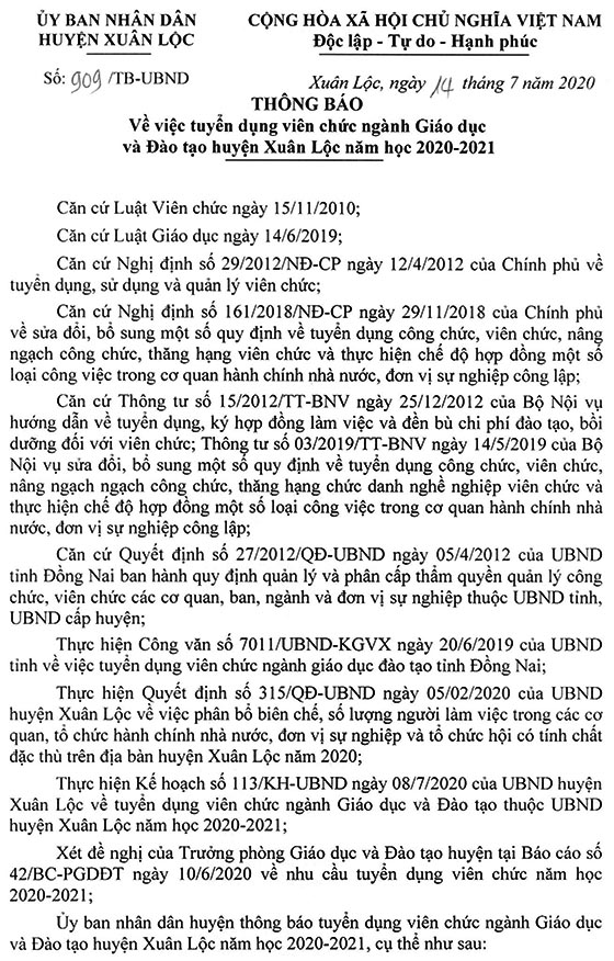 UBND huyện Xuân Lộc, Đồng Nai thông báo tuyển dụng viên chức giáo dục năm học 2020-2021