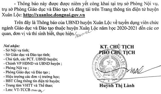UBND huyện Xuân Lộc, Đồng Nai thông báo tuyển dụng viên chức giáo dục năm học 2020-2021