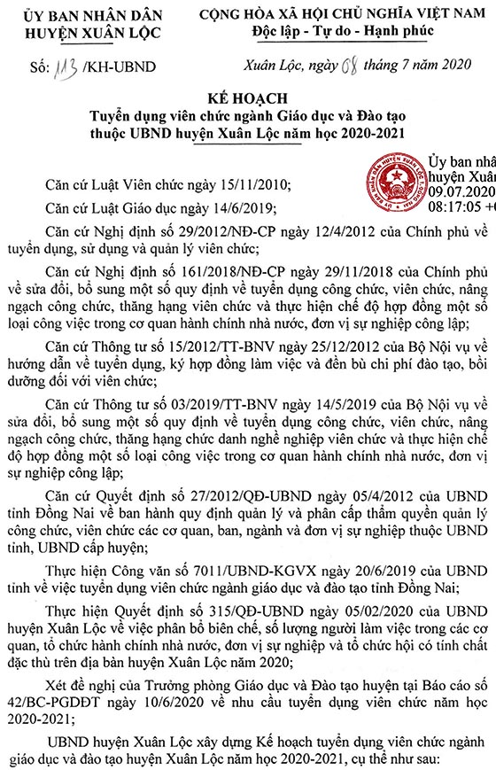 UBND huyện Xuân Lộc, Đồng Nai tuyển dụng viên chức giáo dục năm học 2020-2021