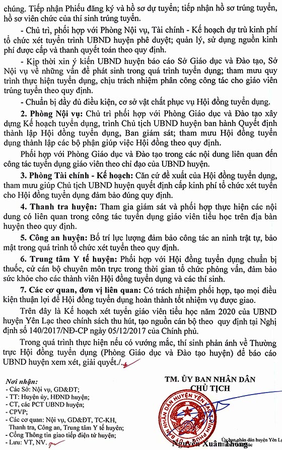 UBND huyện Yên Lạc, Vĩnh Phúc tuyển dụng giáo viên tiểu học năm 2020