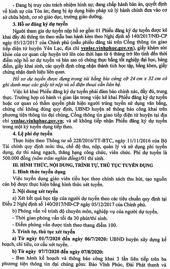 UBND huyện Yên Lạc, Vĩnh Phúc tuyển dụng giáo viên tiểu học năm 2020