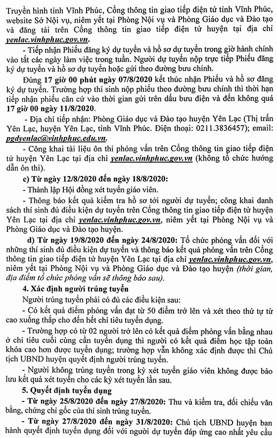 UBND huyện Yên Lạc, Vĩnh Phúc tuyển dụng giáo viên tiểu học năm 2020