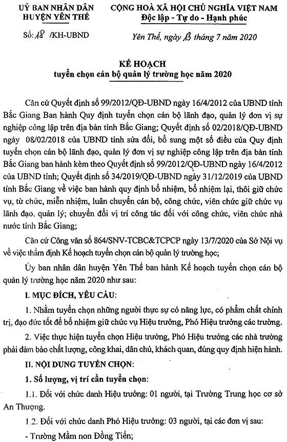 UBND huyện Yên Thế, Bắc Giang tuyển chọn cán bộ quản lý các các trường học năm 2020