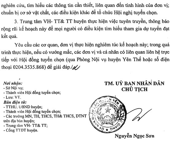 UBND huyện Yên Thế, Bắc Giang tuyển chọn cán bộ quản lý các các trường học năm 2020
