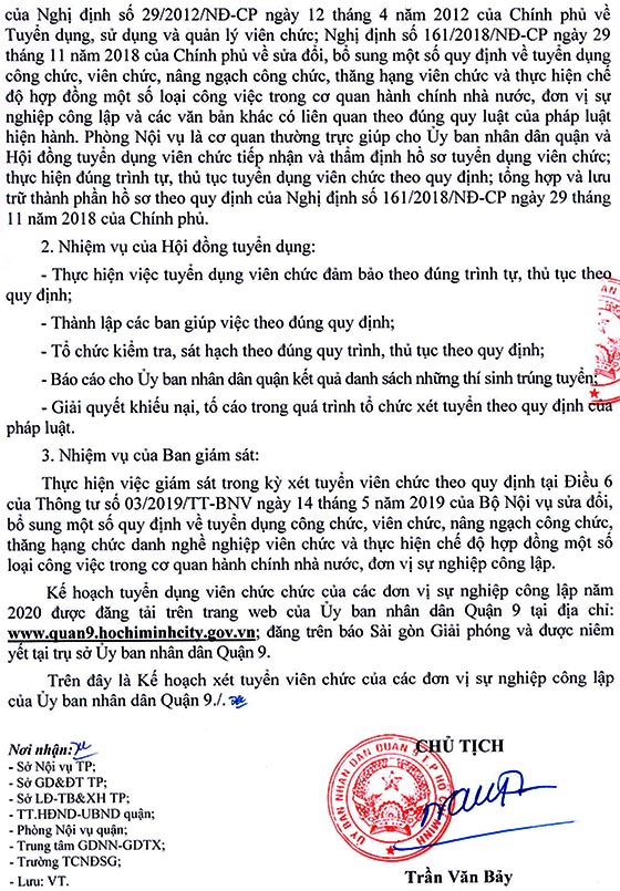 UBND Quận 9, TP.HCM tuyển dụng viên chức giáo dục năm 2020