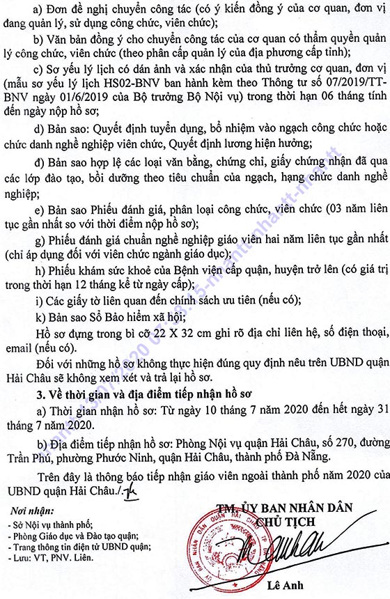 UBND quận Hải Châu, TP.Đà Nẵng tiếp nhận giáo viên ngoài thành phố năm 2020