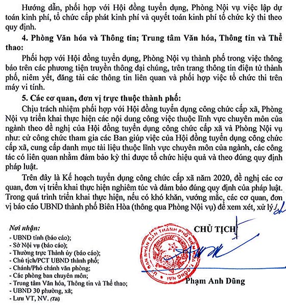 UBND TP.Biên Hòa, Đồng Nai tuyển dụng công chức cấp xã năm 2020