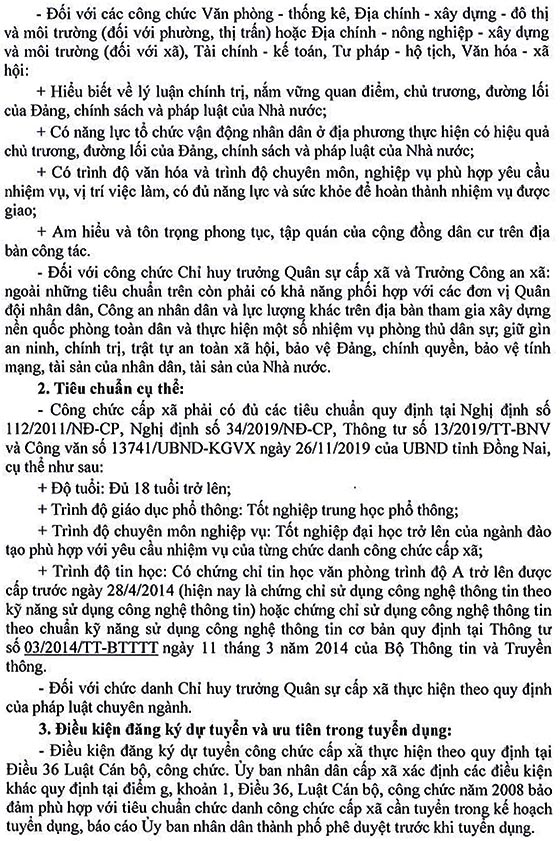 UBND TP.Biên Hòa, Đồng Nai tuyển dụng công chức cấp xã năm 2020