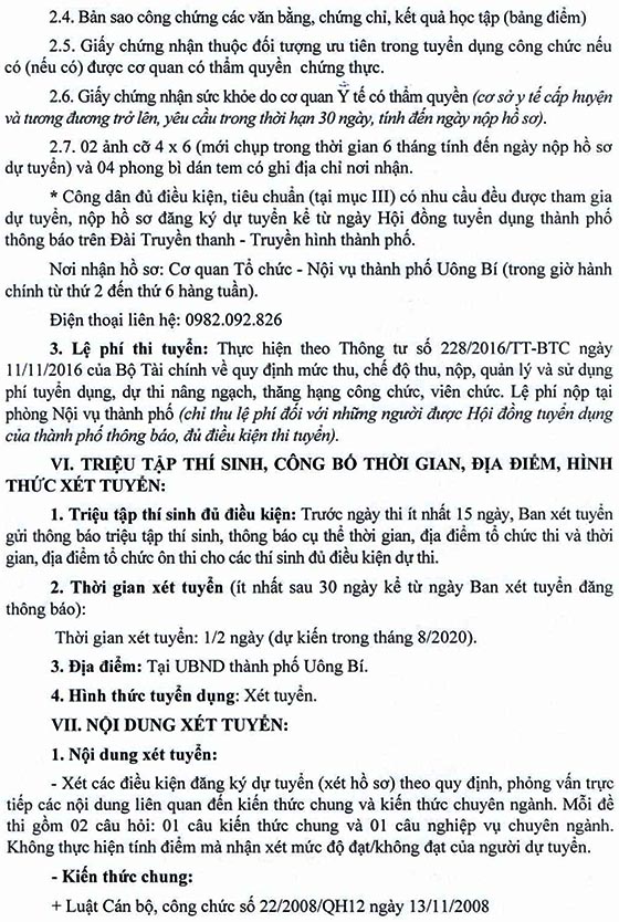 UBND TP.Uông Bí, Quảng Ninh xét tuyển công chức năm 2020