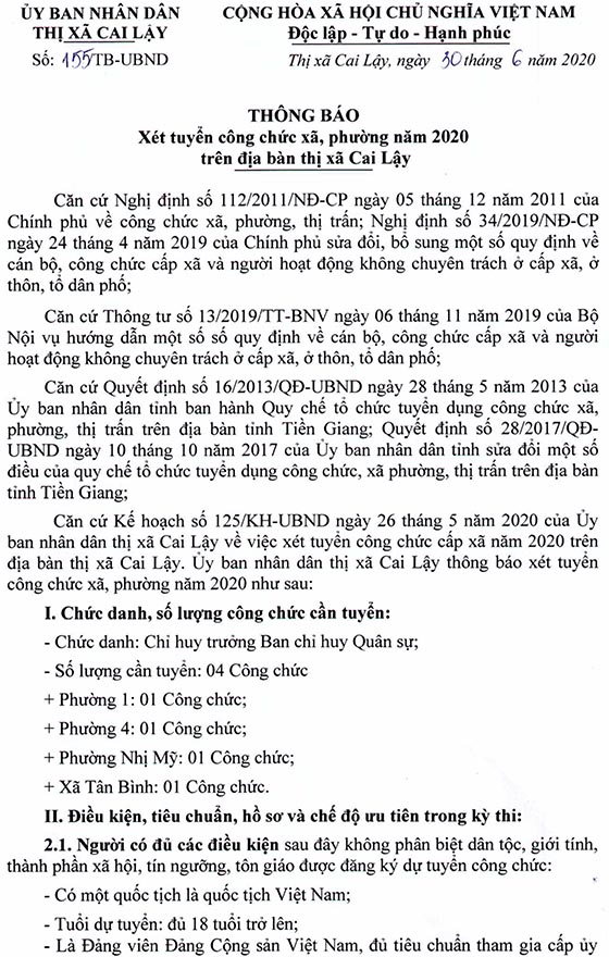 UBND TX.Cai Lậy, Tiền Giang tuyển dụng công chức năm 2020