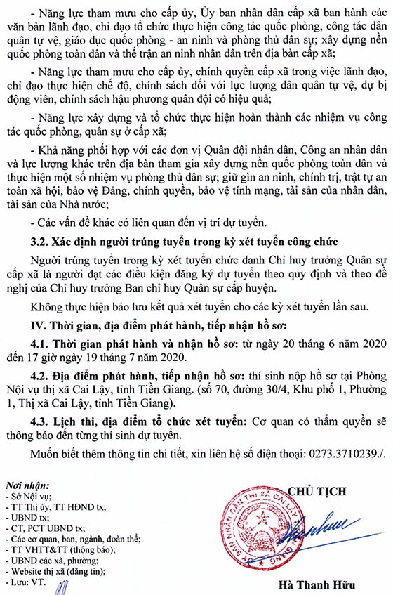 UBND TX.Cai Lậy, Tiền Giang tuyển dụng công chức năm 2020