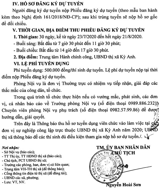 UBND TX.Kỳ Anh, Hà Tĩnh tuyển dụng viên chức năm 2020