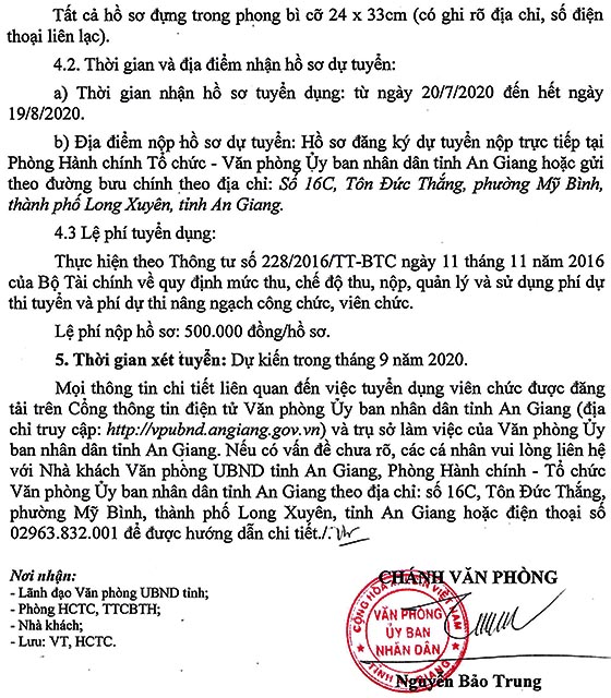 Văn phòng UBND tỉnh An Giang tuyển dụng viên chức năm 2020