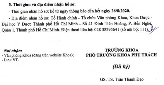 Khoa Dược - Trường Đại học Y Dược TP.HCM tuyển dụng nhân sự năm 2020