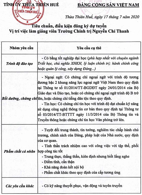 Ban Thường vụ Tỉnh ủy Thừa Thiên Huế tuyển dụng công chức, viên chức năm 2020