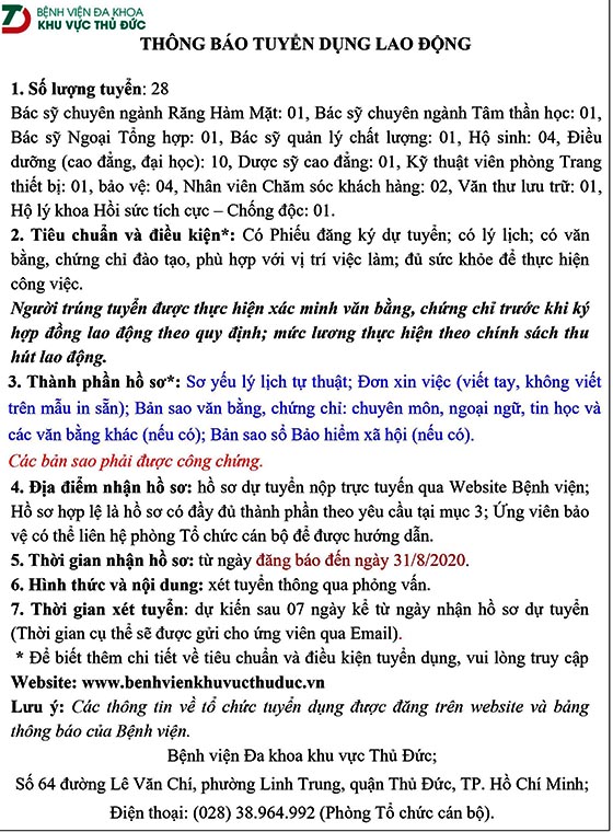 Bệnh viện Đa khoa khu vực Thủ Đức, TP. HCM tuyển dụng lao động năm 2020