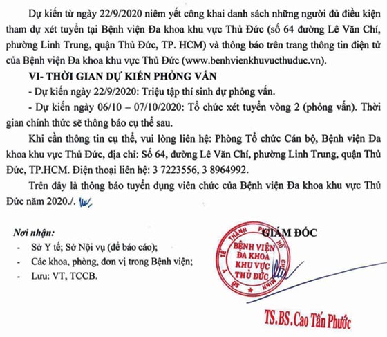 Bệnh viện Đa khoa khu vực Thủ Đức, TP. HCM xét tuyển viên chức năm 2020