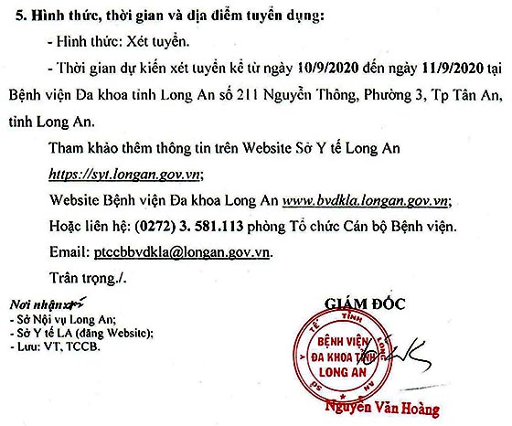 Bệnh viện Đa khoa tỉnh Long An xét tuyển dụng viên chức năm 2020