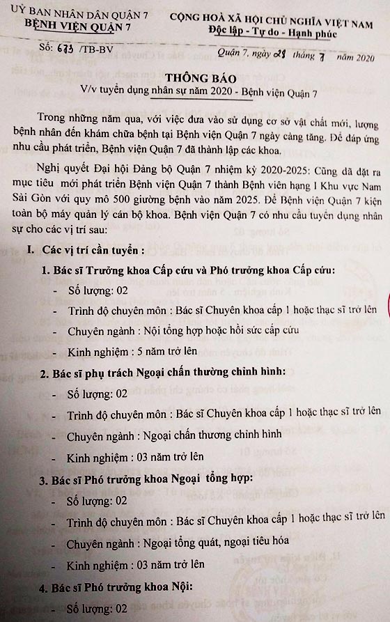 Bệnh viện Quận 7, TP.HCM tuyển dụng nhân sự năm 2020